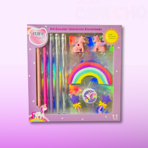 
Kit Escolar Unicórnio Encantado com Lápis e Borrachas – 11 Peças Fofy Magical